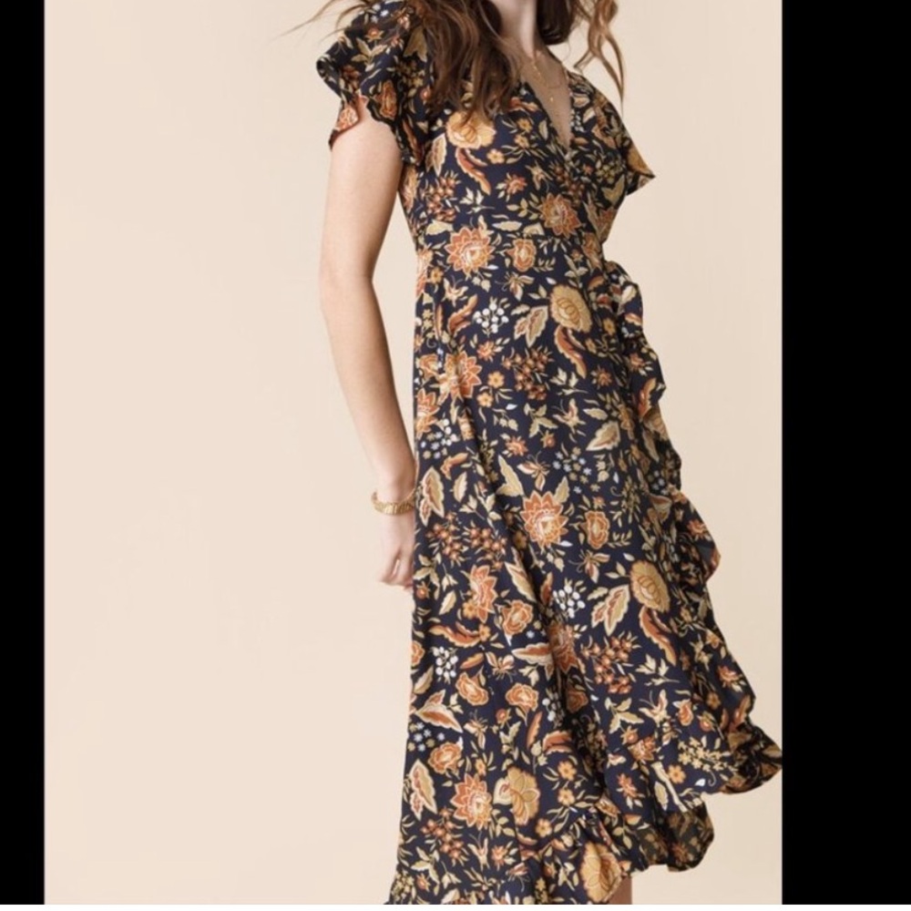 Floral Navy and Gold Wrap Dress